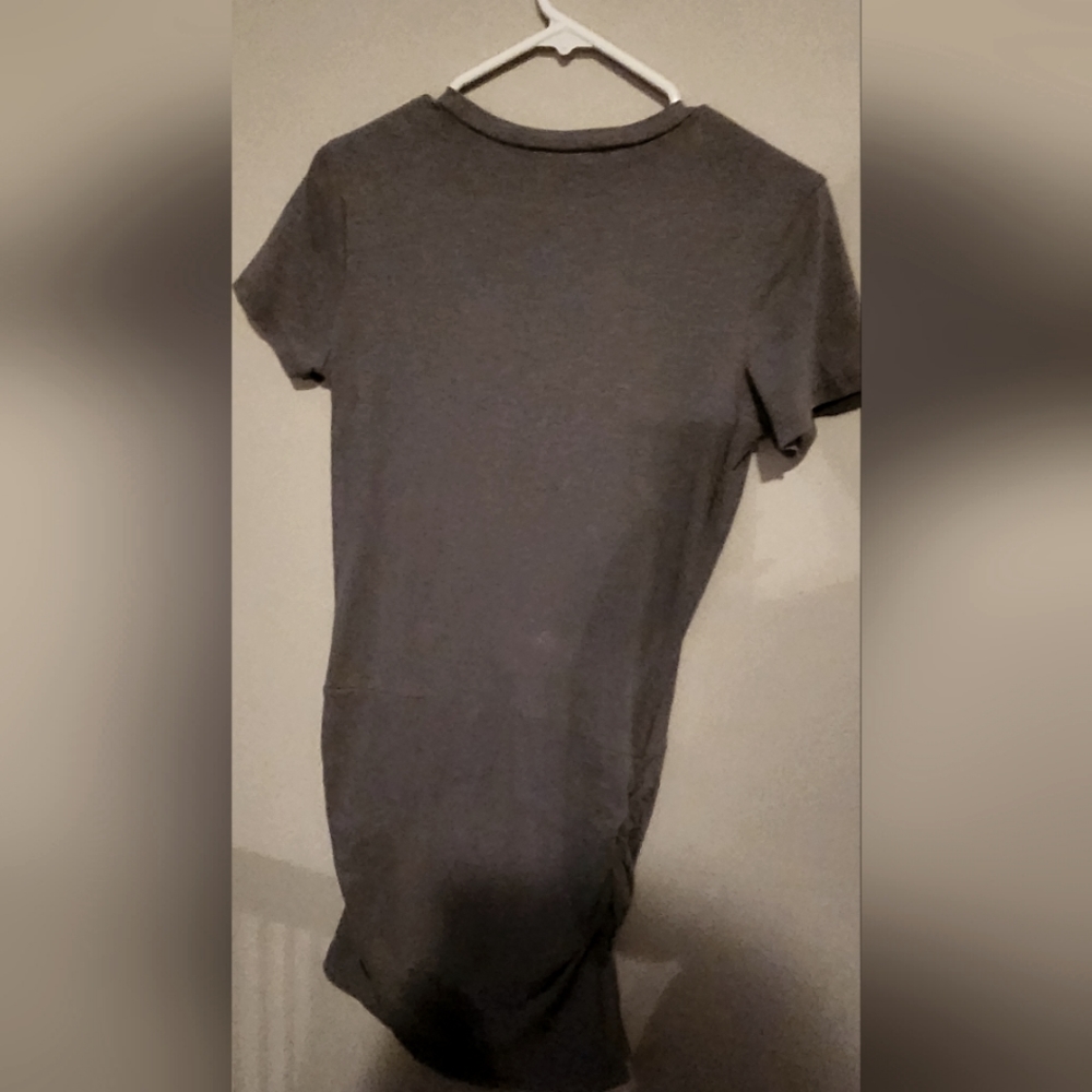 Gray t-shirt dress with side ruching, size medium, bottom fits tighter